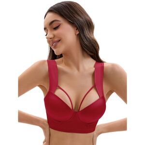 Push Up Adjustable Wide Straps Underwire Full Coverage Comfort Bras Wine Red